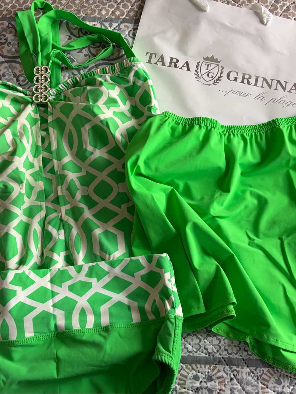 Green Geometric Tankini Top & Swim Shorts